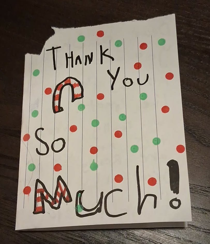 Handmade thank you card from a child